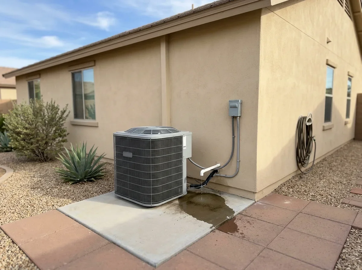 Condensate drain leak damaging the AC condenser unit concrete pad