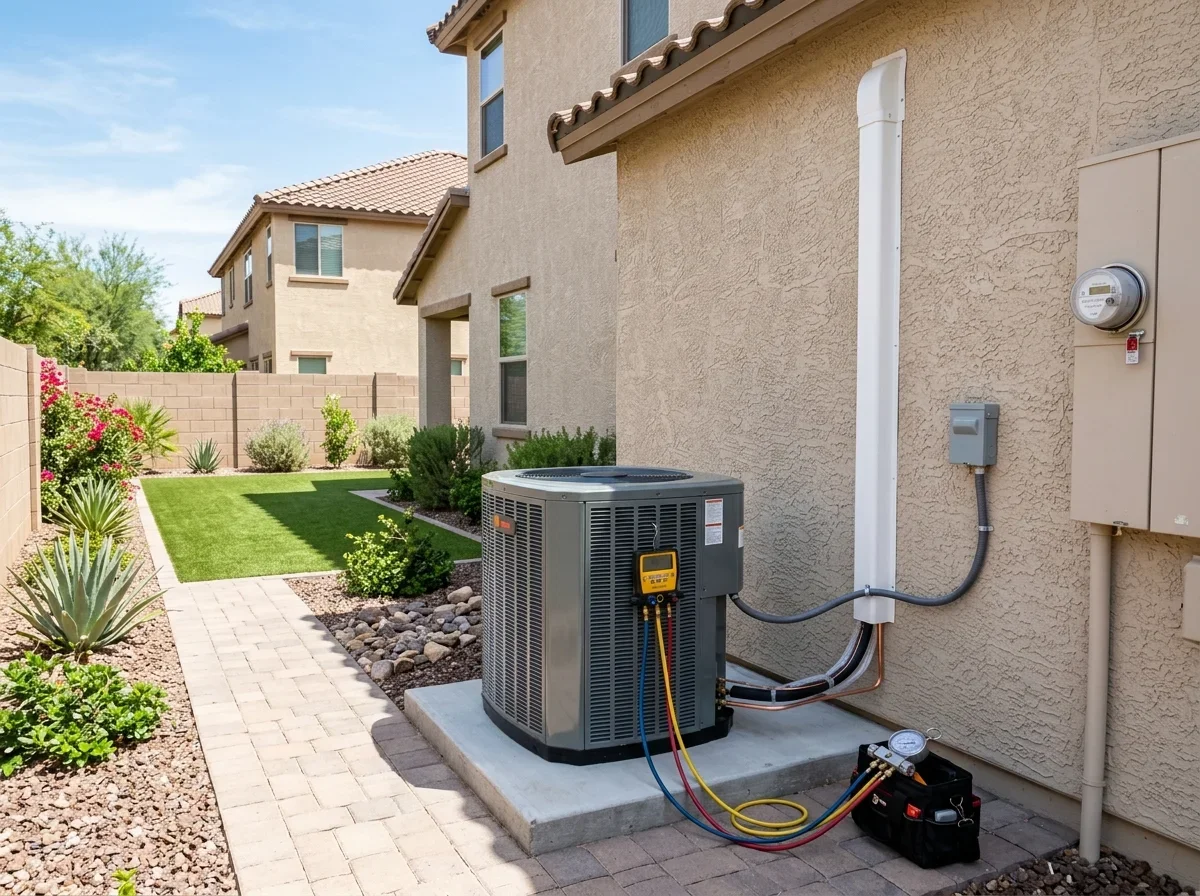 A new condenser on a pad beside a Valley stucco home