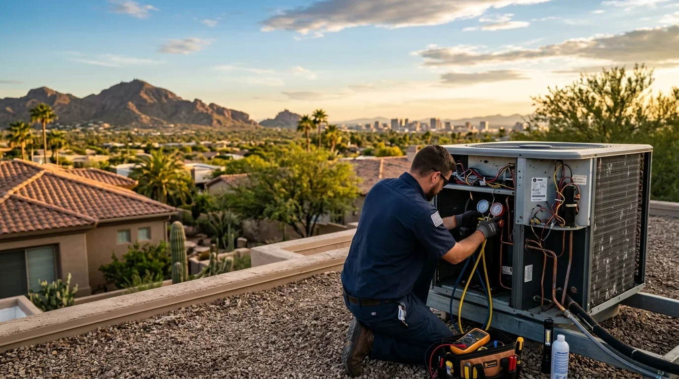 A technician checks a rooftop condenser above a Phoenix neighborhood at golden hour