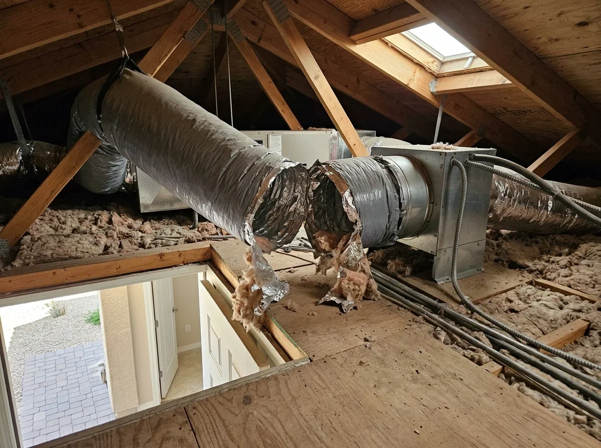 Sagging flex duct with torn insulation needing immediate professional repair