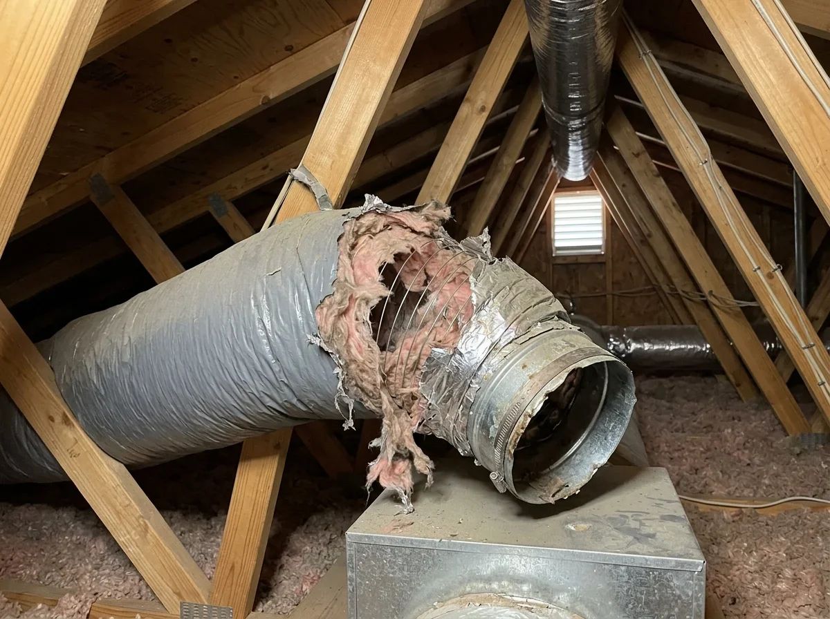 Damaged attic flex duct requiring professional sealing and repair services