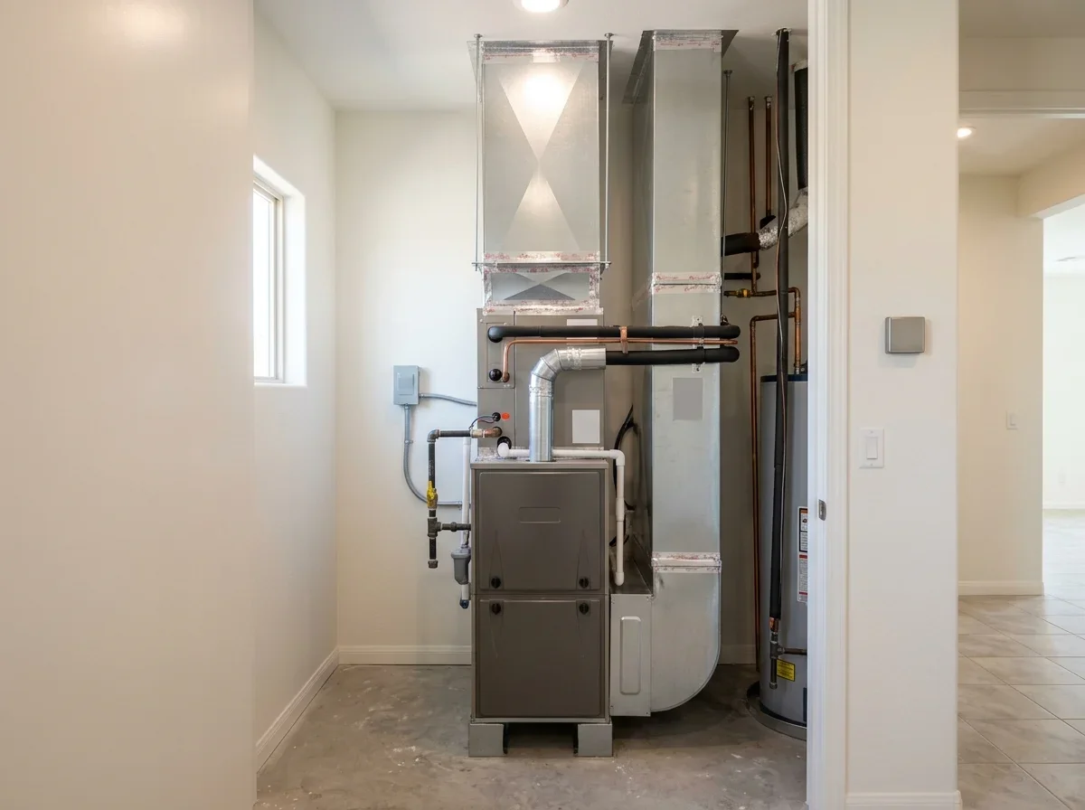 A freshly installed residential furnace and heating system in a clean mechanical room